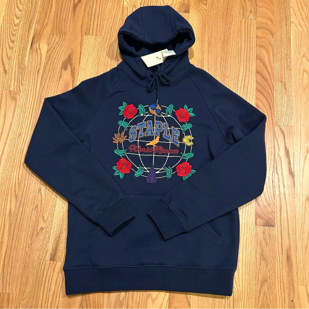 STAPLE Pigeon Hoodie “World Renown” Navy Multicolor Stitched Mens Small NEW NWT